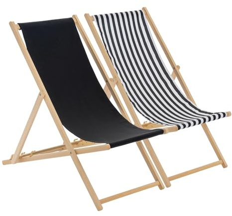Harbour Housewares 2 Piece Black & Black Stripe Wooden Deck Chair Traditional Wood Folding Adjustable Garden/Beach Sun Lounger Recliner