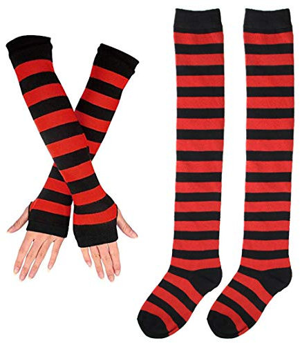 ECOSCO Womens Rainbow Stripe Knee Thigh High Socks Arm Warmer Fingerless Gloves (1 pairs Socks&1 pairs Gloves-Red)