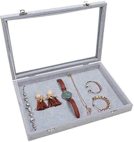 BELLE VOUS Schmuck Aufbewahrungssystem Grau Samt Schmuck Schatulle - Schaukasten Glas Sammlervitrine mit Abschließbaren Glas Deckel -Heim & Shop Ohrringe Aufbewahrung, Ringe, Halsketten & Armbänder
