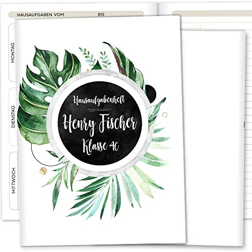 OLGS Hausaufgabenheft Hülle Tropical Green inkl. Heft Schulheft Schutzhülle Umschlag Geschenkidee Einschulung personalisierbar mit Namen und die Schulklasse (personalisiert, Tropical Green 07)