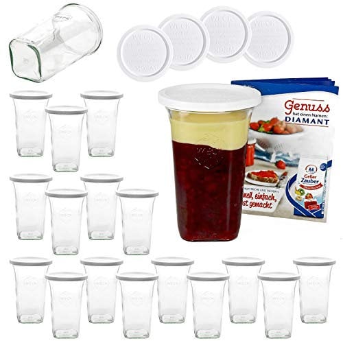 MamboCat 18er Set Weckgläser 795 ml Quentin-Glas eckig I Original Weck Glas mit Frischhalte-Deckel I Weck Dessertglas Sturzglas I Einweckgläser Set inkl. Diamant-Zucker Gelierzauber Rezeptheft