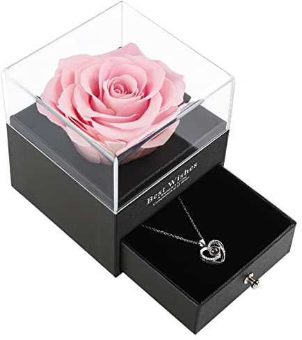 LOVCAS Mothers Day Gifts for Mum,Birthday Gifts for Women,Preserved Real Rose with Necklace,Pink Fresh Forever Real Rose in Box, I Love You Romantic Gifts for Her