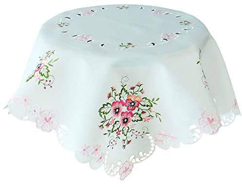 Tischdecke Elke 110 x 110 cm edle Stickerei mit rosa Stiefmütterchen & Cutwork aus Polyester