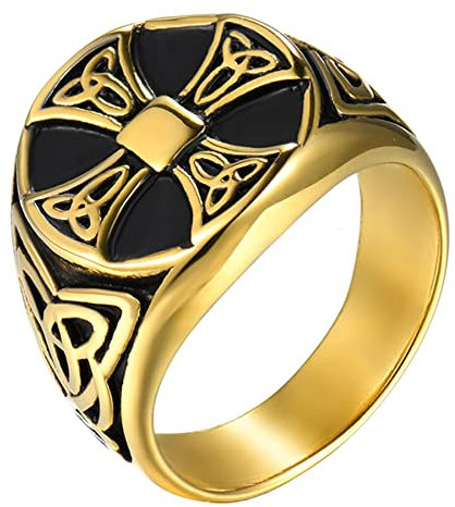 JewelryWe Schmuck Herren-Ring Edelstahl Vintage Wikinger Irische Trinity Keltische Knoten Kreuz Ringe Siegelringe Männer Bandringe Gravur, Gold Größe 76