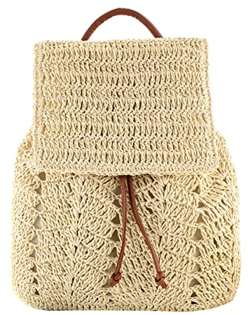 LYEAA Women Straw Backpack Beach Woven Boho Shoulders Bag Flap Top Handle Backpack for Summer Casual Beach Holiday Vacation Backpacks