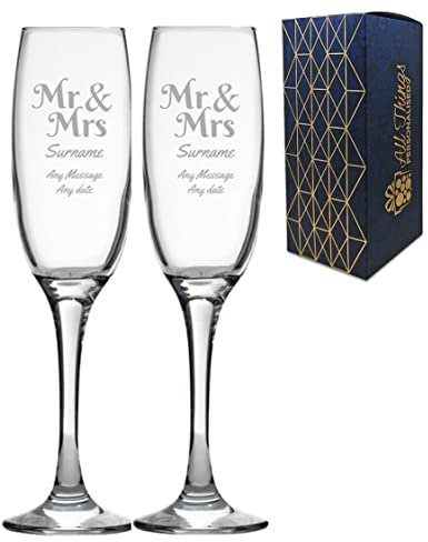 Personalised Engraved Wedding Champagne Glass Set with Mr and Mrs, Any Message and Any Date, Two 7oz/207ml Custom Champagne Glasses, Engraved in The UK