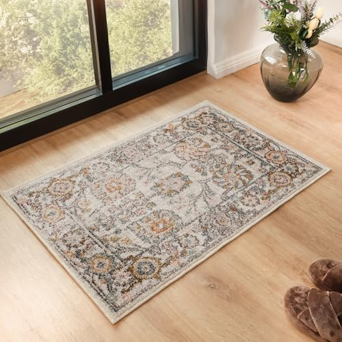 Livabliss Wicklow Vintage Rug - Hallway Runner Rugs Living Room 60x90 cm - Scandi Neutral Rug, Traditional Patterned Boho Style, Natural Easy Care Pile - Hallway Runners, Ivory and Pink