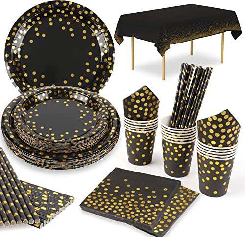 Lilydora Set de Cumpleaños Negro y Oro - 16 Invitados - Platos Desechables, Vasos, Servilletas, Pajitas de Papel, Mantel - para Graduación, Halloween, Aniversarios, Fiestas