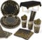 Lilydora 16 Guests Black and Gold Party Supplies - Disposable Plates, Tableware, Cups, Napkins, Straws, Table Cloth for Birthday, Halloween - Gold Dot Black Paper Plates