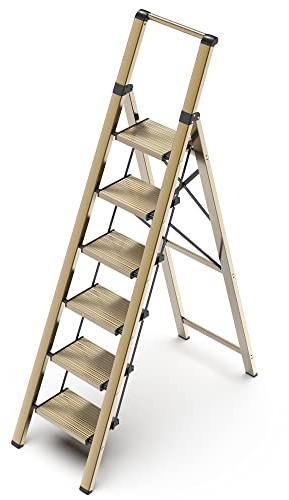 GameGem 6 Step Ladder, Foldable 6 Step Stool, Gold