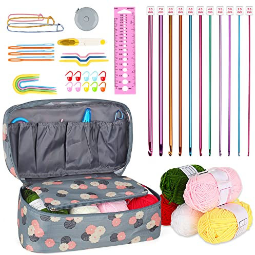 Aeelike Blaue Blumen Tunesische Häkelnadel mit Wolle und Zubehör, 46 Stück Tunesische Häkelnadeln Set mit Tragbar Tasche, 2,0-8,0 mm Tunesische Afghanische Häkelnadel Set für Anfänger, Kinder, Profis