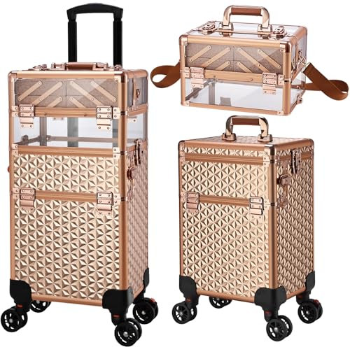 Yueieoun Professional 3 in 1 Rolling Makeup Case Cosmetic Train Case on Wheels Large Capacity Makeup Trolley Salon Barber Traveling Trunk, Rose Gold Acrylic, Practical 3 in 1
