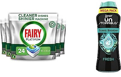 Fairy Platinum All-In-One Dishwasher Tablets Bulk, 120 Tablets (24 x 5) & Lenor Unstoppables In-Wash Laundry Scent Booster Beads, 570g, Fresh Scent, A Boost Of Freshness For Up To 12 Weeks In Storage