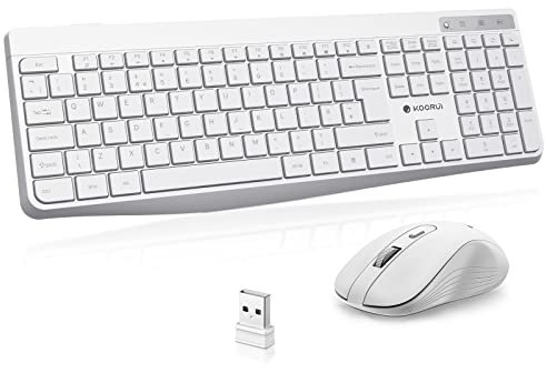 KOORUI Wireless Keyboard and Mouse Combos, 12 Multimedia and Shortcut Keys UK Layout Full Size Keyboard and Mouse Set for Windows, MacOS, Linux (Cold White)