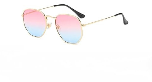 WDZAYXC Mode polygonale Sonnenbrille für Damen und Herren,Leicht Metallrahmen Brille,UV400 Schutz(Gold/Rosa Blau)
