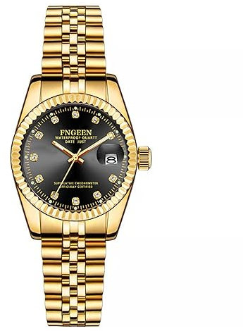 JewelryWe Uhren Damen Edelstahl Wasserdicht: Datum Kalender Analog Quarz Armbanduhr Frauen Gold Edelstahl Armband Partner Freundschaft Uhr mit Leuchtzeiger und Schwarz rundem Zifferblatt