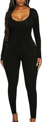 Bcenoilua Women One Piece Jumpsuits Long Sleeve Round Neck Yoga Bodysuit Slim Fit Stretchy Workout Unitard Playsuit Black Full Body Romper Ladies Fitness Sportwear Bodycon Outfit