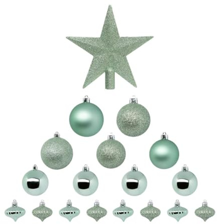 Atmosphera - Kit di palline di Natale con puntali per alberi - Decorazioni festive per alberi di Natale - 18 pezzi verde mandorla