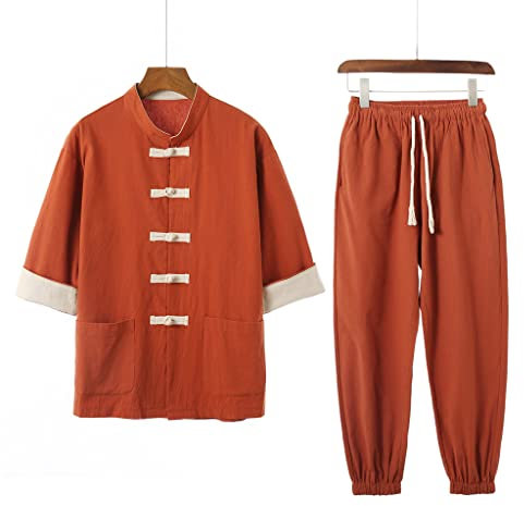 AMAXRcsy Hanfu-Hemd, Hose, Uniform-Set, Kung-Fu-Anzug, Herren, traditioneller chinesischer Stil, Tang-Anzug, Retro-japanische Mäntel, lässige Bluse, Hosen, Training (Oranje 4XL 6)