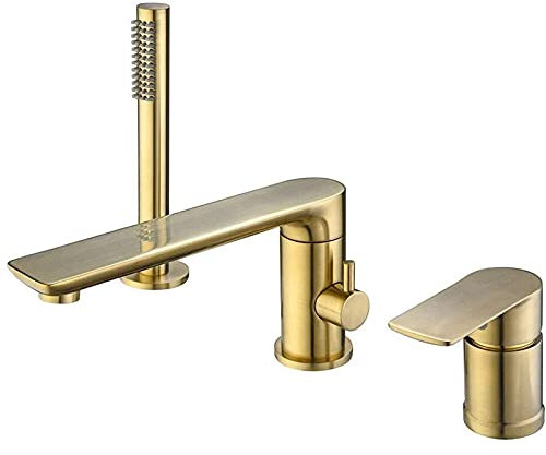 Grifo de llenado de bañera romano de oro cepillado, grifo de bañera con ducha de mano, grifo de llenado de bañera de 3 orificios de latón macizo, grifo mezclador de bañera de montaje en cubierta