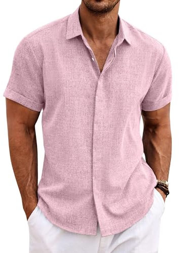 COOFANDY Chemises d'été Hommes Lin Manches Courtes Casual Plage Vacances Chemise Boutonnée Rose XXL