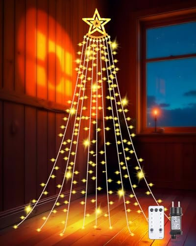 TobeBright albero di Natale luci fiabesche, LED cascata di luci fiabesche 9 fili 3.5M 360 LED con stelle, 8 modalità luci albero di natale, IP44 Resistente all'acqua albero di natale da esterno