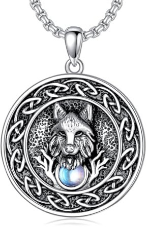 ROMANTICWORK Wolf Kette 925 Sterling Silber keltische Knoten Anhänger Halskette Mondstein Nordischer Keltischer Wolfs Schmuck Geschenke für Herren Männer Damen