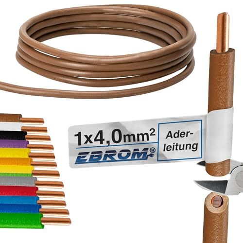 EBROM - Cable de 10 metros de un solo cable - Cable de cableado rígido - Cable de PVC - H07V-U 4mm2 | 4 mm² | 4 mm² | 4 mm2 - Color: marrón - Cobre completo 99,9% OFC cobre - Longitud: 10 metros