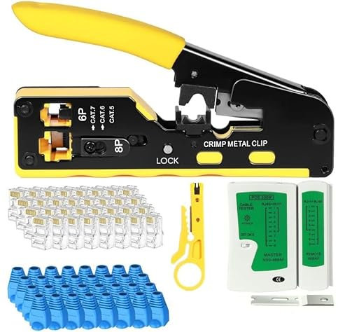 AstraLoom Kit d'outils réseau, pince à sertir RJ45 avec 50 connecteurs de câble Cat6, pince à dénuder, dispositifs de protection, testeur réseau, kit d'outils de réparation réseau RJ45/RJ11