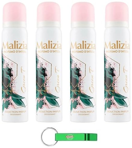 4x MALIZIA Deodorante Donna Green T Seduction Parfum,Deodorant Deo Spray für Damen 100ml + Kostenloser Beni Culinari Schlüsselanhänger