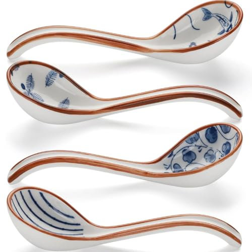 4Pcs Soup Spoons, Chinese Ceramic Spoons, Set of 4 Japanese Ramen Spoon Creative Porcelain Asian Soup Spoons for Ramen Pho Cereal Wonton Dumpling Miso (Brown)
