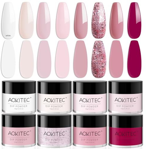 Aokitec Dip Powder Set, 8 colours Dipping Powder Nail Set, Pink Series Nail Dipping Powder for French Nail Art, Nail Powder for Holiday Party Travel Nails, Easy to Use, No Lamp Needed