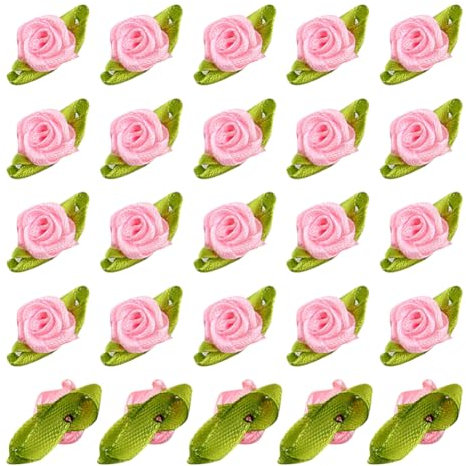 JIHUOO 100 Stück kleine Rosen zum Basteln, Mini-Kunststoff, winzige Satin-Blumen, Nähen, Verzierungen, Applikationen mit grünen Blättern, Rosa