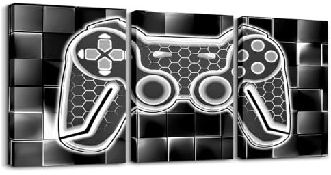 Loussiesd Gamer 3er Poster Set für Wohnzimmer Grau und Schwarz Bild Leinwandbilder Gaming Ombre Büro Wandbilder Geometrische Quadrat Deko Bilder