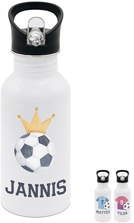 wunderwunsch® - Personalisierte Trinkflasche Kinder Edelstahl [ 500ml ] - Robuste Trinkflasche mit Namen - Wasserflasche mit Trinkhalm - Personalisierte Geschenke für Kinder (Fußball mit Krone)