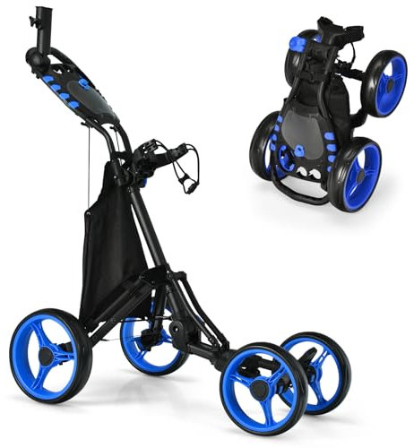 GYMAX 4 Wheels Golf Push Pull Cart, Lightweight Golf Trolley with Storage Bag, Foot Brake, Built-in Cooler and Umbrella Holder, Foldable Convenient Quick Open Golf Bag Holder (Blue)