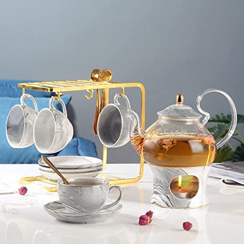 MOKLYF Europäisches Teeservice aus Keramik für 2/4/6 Personen, Kaffeeservice aus Porzellan mit Metallhalter, 1 Stövchen aus Glas, 9/15/21-teiliges Espressotassen-Set für Erwach(B4