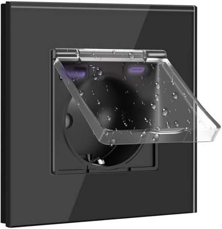 BSEED Enchufe Schuko 20W Cargador Rápido con Tapa Impermeable, Enchufe Empotrada con USB C, Enchufe 16Amp Ideal para Habitaciones Húmedas, Uso en Interiores, 1 Gang Negro