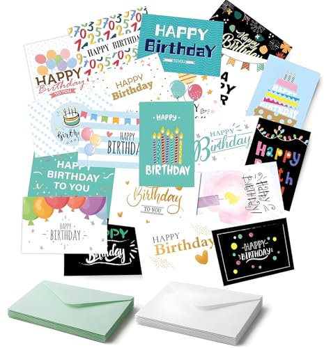 kitudaty 24 Designs Geburtstagskarten Packung mit 24 Umschlägen,kein Design zweimal, wird mit Umschlägen aus Recyclingpapier geliefert, hochwertige Grußkarten für Familie & Freunde