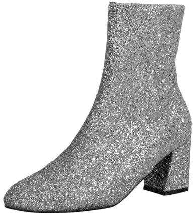 Damenstiefel Glänzend Silber Kurze Stiefeletten Dickem Absatz und Seitlichem Reißverschluss Mode Kurzstiefel Britischen Stil Kunstleder Stiefel Frauen Karneval Party Damenschuhe