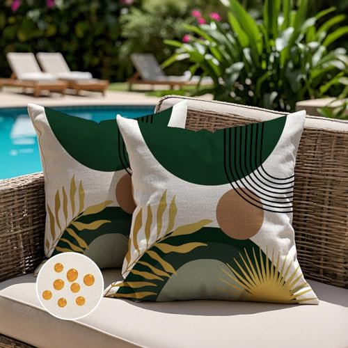 Jayusaror Outdoor Kissenbezug 40x40 Wetterfest Grün Sofakissen Kissenhülle Boho Modern Minimalistisch Geometrische Tropische Blätter Sommer Kissen Kissenbezüge für Sofa Garten Deko 2er Set