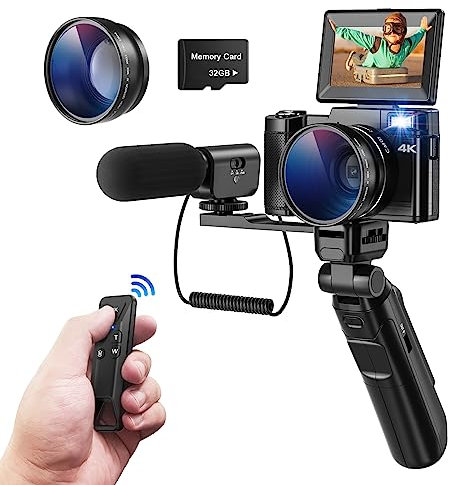 Fotocamera digitale 4K, CCN 48MP con schermo 3.0 ribaltabile a 180°, con zoom digitale 16X, treppiede e microfono, con obiettivo grandangolare e obiettivo macro, telecomando, scheda TF da 32 GB, nero