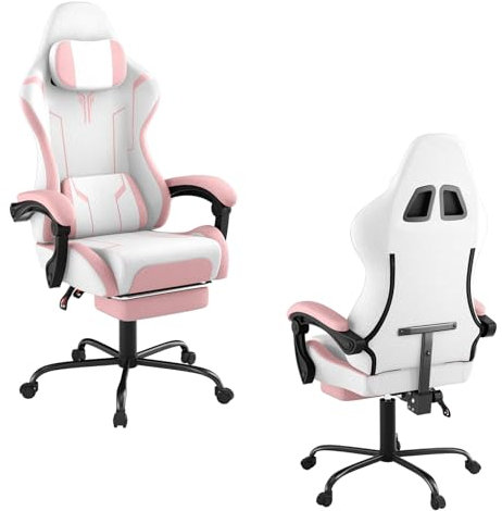 UISEBRT Silla ergonómica para videojuegos con masaje y reposapiés, cómoda silla de gaming, respaldo ajustable, reposacabezas y cojín lumbar de masaje - rosa