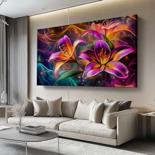 Leinwand Bilder 150L x50B cm Wanddeko Wohnzimmer Aesthetic Room Decor Deko Blumen, Lilien, Fantasie Zimmer Wandbilder Modern Bild auf Leinwand Moderne Kunst Lila Orange