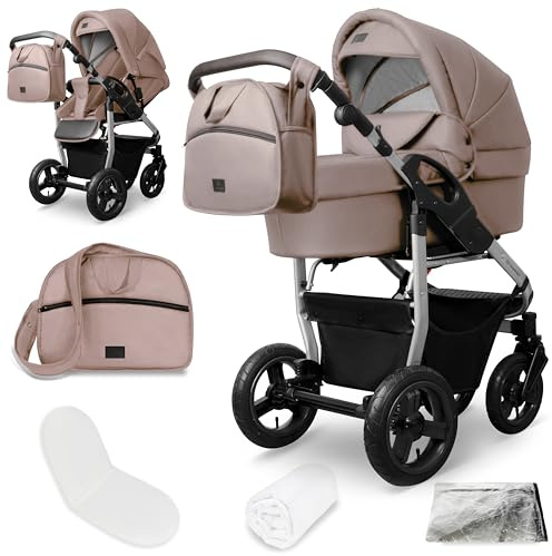 Kombikinderwagen Capri 2-in-1 Babywanne Sportsitz faltbar | Komfortabler Kinderwagen ab Geburt bis 22 kg mit Luftreifen Federung verstellbarem Griff Zubehör und Regenschutz
