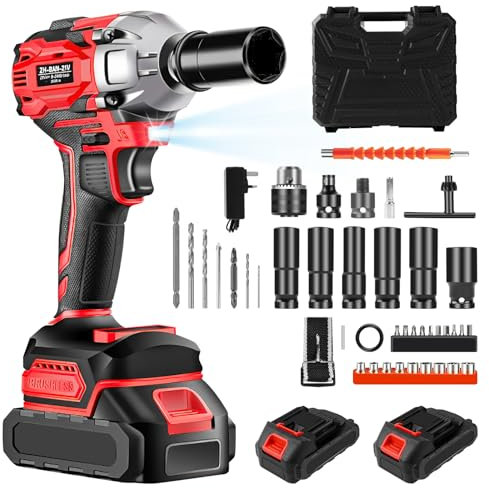 Clé à Chocs Brushless Sans Fil, 1000 Nm Impact Wrench 42 pièces, Électriqu Visseuse a Choc avec Deux Batterie, la Maison Boulonneuse a Choc, pour Pneus, Montage Automobile