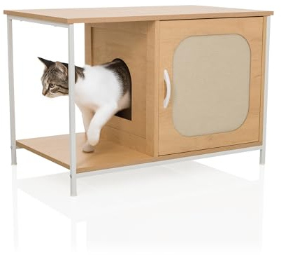 hjh LIVING Katzenhaus für Zuhause, 80x48x55 cm KITTYHOME 1 Katzenhöhle nutzbar auch als Katzenklo, bis 25 kg belastbar, Weiß/Buche