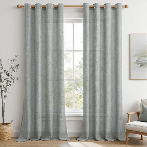 MRTREES Curtains Living Room Vorhänge Wohnzimmer mit Ösen Landhausstil Vorhang Leinen Lichtdurchlässig 2er Set, 260 cm Lang, 140 cm Breit, Gardinen Leinenoptik Schlafzimmer, Nebelgrau-Grün