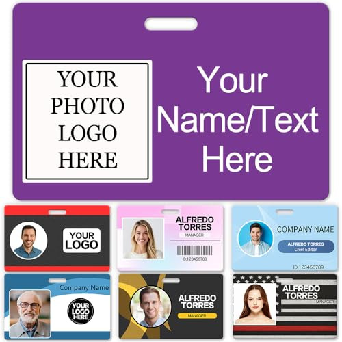 Individuelles Ausweisschild mit Umhängeband, personalisierbar, für Arbeit, Büro, Karte, Identifikation, doppelseitig, Druck, Name, Foto, Logo, horizontal