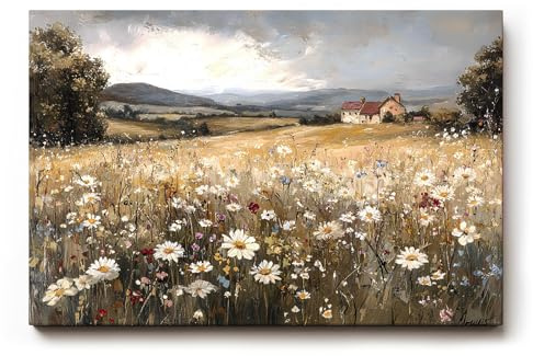 Sinus Art Wandbild 90x60cm Sanftes Naturmotiv mit blühender Wiese, Wildblumen und Bauernhof in weiter Hügellandschaft